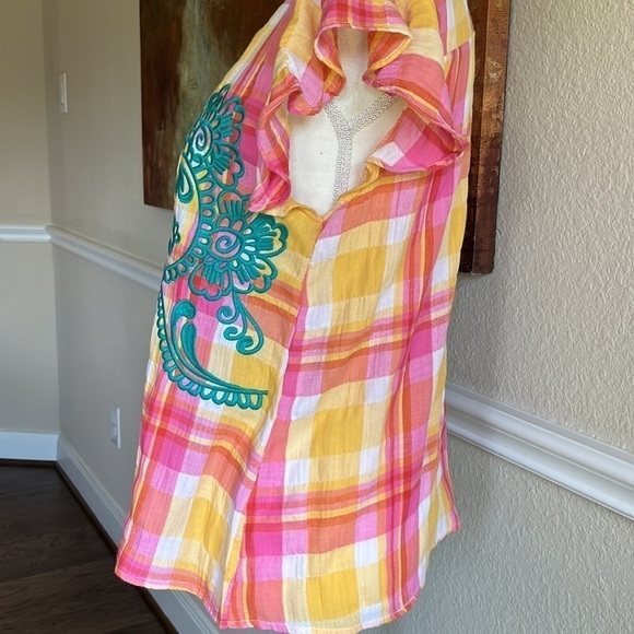 THML - Anthropologie Blouse Top Size S Teal Embroidered Top lightweight Colorful - Picture 4 of 16